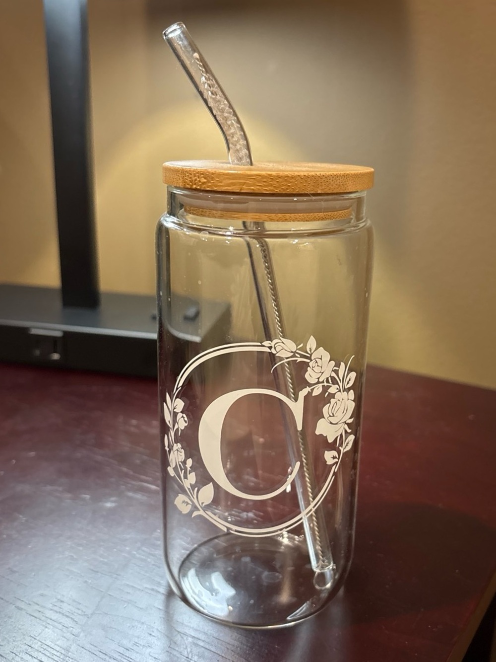 Floral Wreath Glass Tumbler Cup Initial Letter C w/ Bamboo Lid, Straw, & Brush